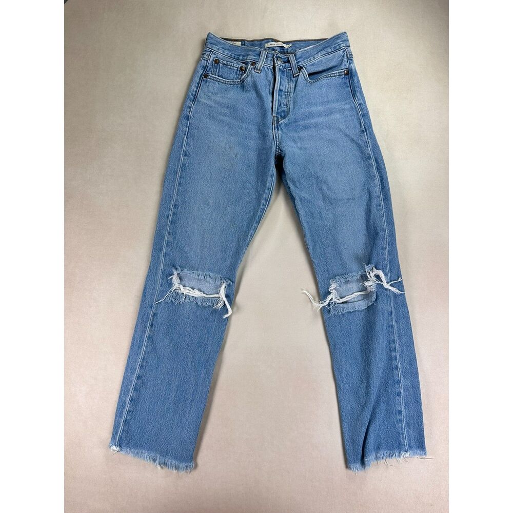 Levi's Premium Wedgie Straight Jeans Women's W25 L28 Distressed Raw Hem Denim